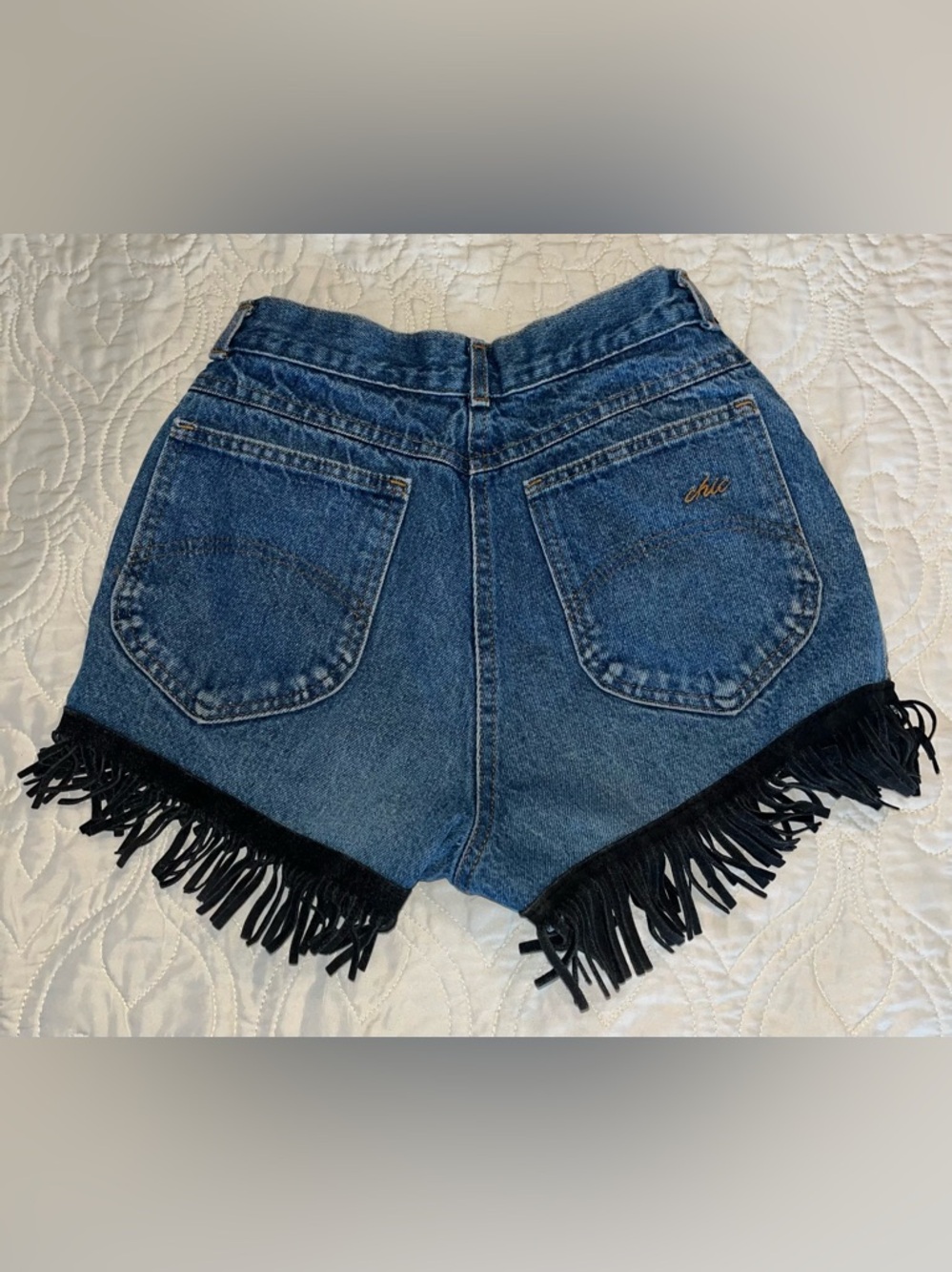 VINTAGE CHIC Boho Denim with Black Fringe High-Waist Shorts - Picture 2 of 11